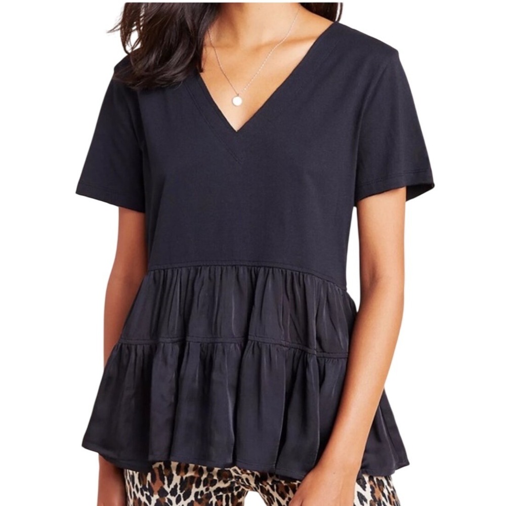 Maeve Anthropologie‎ Black V Neck Tiered Ruffle Tunic Tee Shirt Top X Small